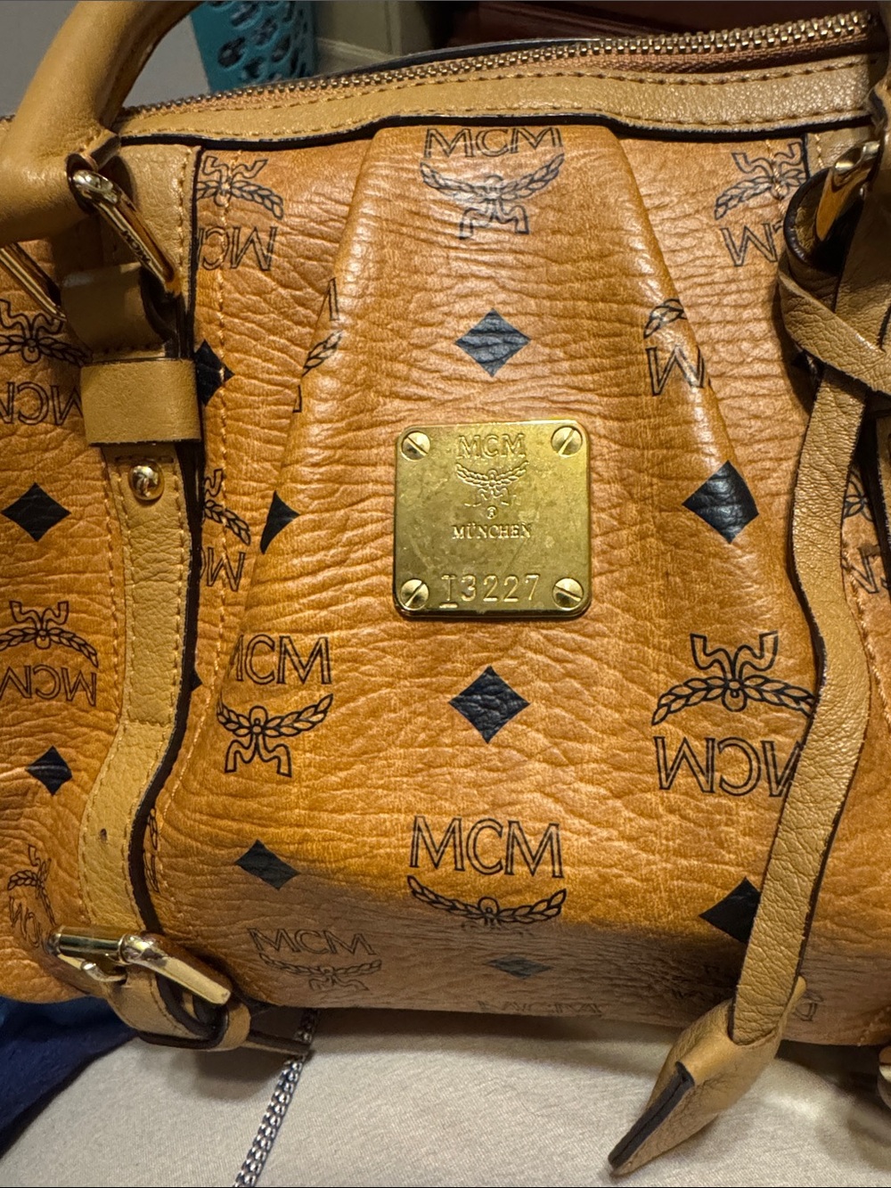 MCM Tan Visetos Logo Satchel with Gold Plaque